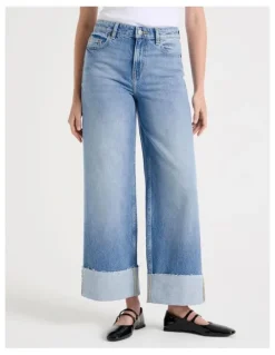 GRAB Wide Leg Cuffed Jeans in Light Indigo