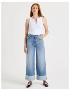 GRAB Wide Leg Cuffed Jeans in Light Indigo