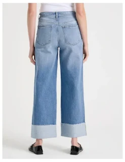 GRAB Wide Leg Cuffed Jeans in Light Indigo