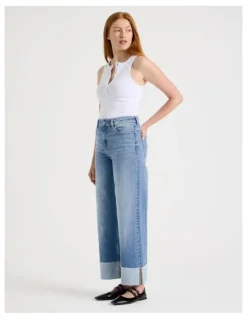 GRAB Wide Leg Cuffed Jeans in Light Indigo