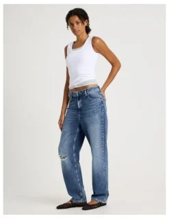 GRAB Boyfriend Mid Rise Jeans In Medium Indigo Vintage Wash