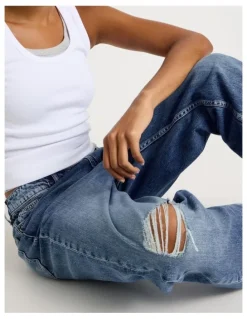GRAB Boyfriend Mid Rise Jeans In Medium Indigo Vintage Wash