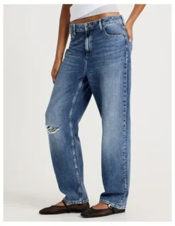 GRAB Boyfriend Mid Rise Jeans In Medium Indigo Vintage Wash
