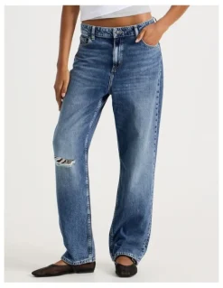GRAB Boyfriend Mid Rise Jeans In Medium Indigo Vintage Wash