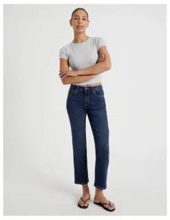 GRAB Cropped Straight Mid Rise Jeans in Dark Indigo