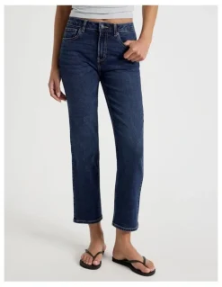 GRAB Cropped Straight Mid Rise Jeans in Dark Indigo