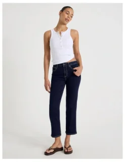 GRAB Cropped Straight Mid Rise Jeans in Rinse
