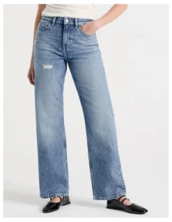 GRAB Straight High Rise Jeans in Light Indigo Destructed