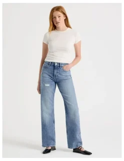 GRAB Straight High Rise Jeans in Light Indigo Destructed