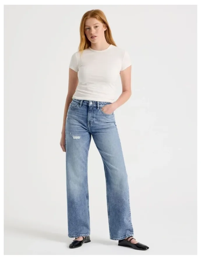 GRAB Straight High Rise Jeans in Light Indigo Destructed