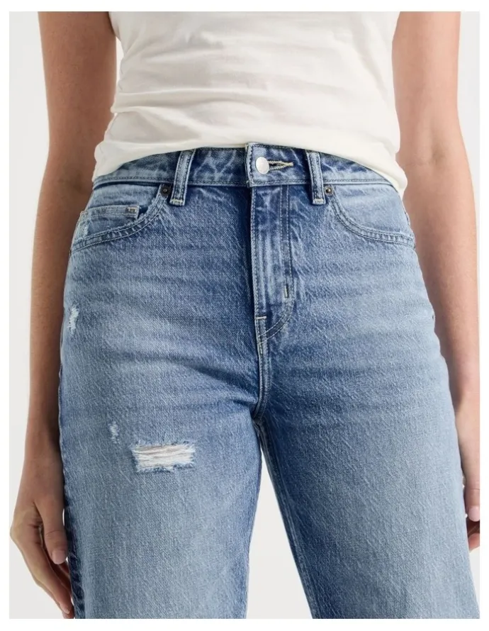 GRAB Straight High Rise Jeans in Light Indigo Destructed