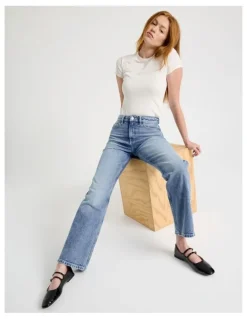 GRAB Straight High Rise Jeans in Light Indigo Destructed
