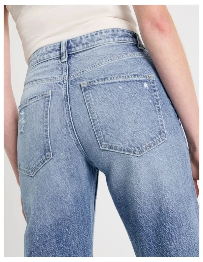 GRAB Straight High Rise Jeans in Light Indigo Destructed