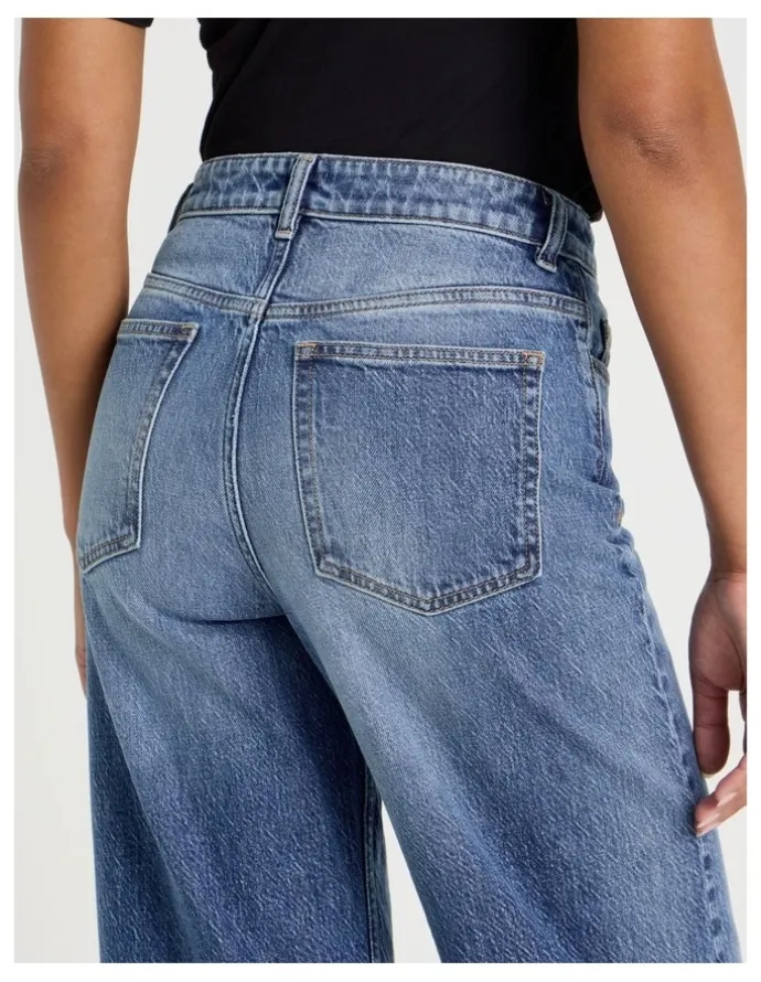 GRAB Wide Leg Cuffed Jean in Medium Indigo
