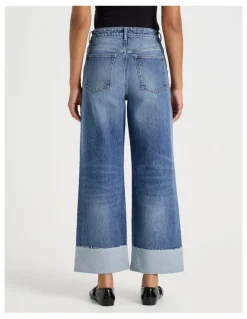 GRAB Wide Leg Cuffed Jean in Medium Indigo