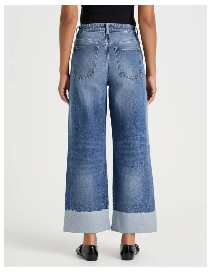 GRAB Wide Leg Cuffed Jean in Medium Indigo