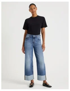 GRAB Wide Leg Cuffed Jean in Medium Indigo