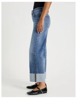 GRAB Wide Leg Cuffed Jean in Medium Indigo