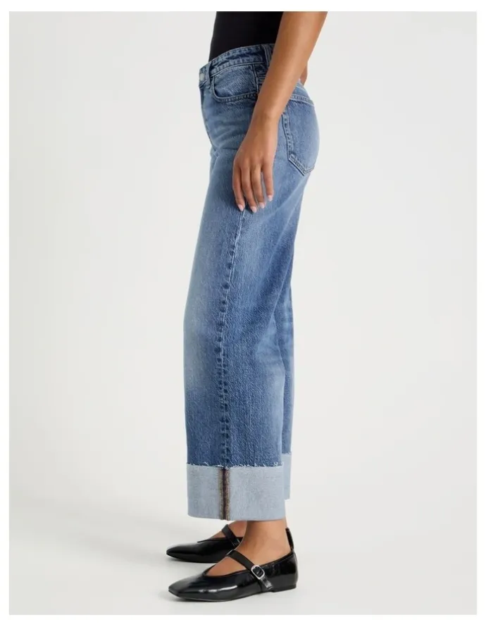 GRAB Wide Leg Cuffed Jean in Medium Indigo