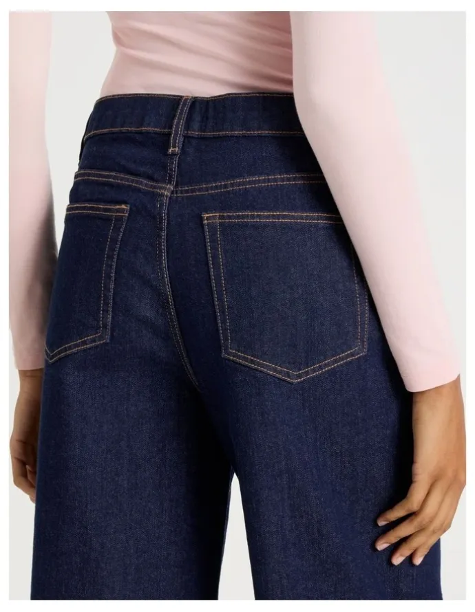 GRAB Wide Leg High Rise Jean With Short Inseam in Dark Rinse