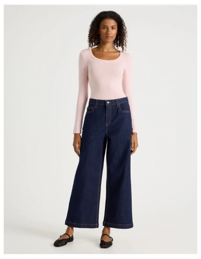 GRAB Wide Leg High Rise Jean With Short Inseam in Dark Rinse