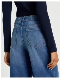 GRAB Wide Leg High Rise Jean With Short Inseam in Mid Blue Wash