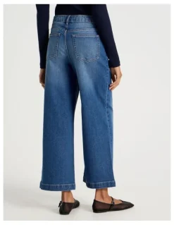 GRAB Wide Leg High Rise Jean With Short Inseam in Mid Blue Wash