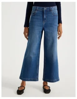 GRAB Wide Leg High Rise Jean With Short Inseam in Mid Blue Wash