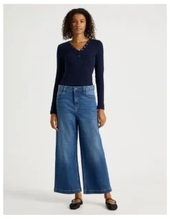 GRAB Wide Leg High Rise Jean With Short Inseam in Mid Blue Wash