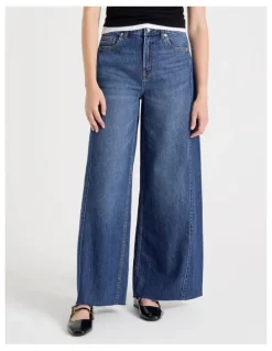 GRAB Wide Leg Jeans With Insert in Medium Indigo