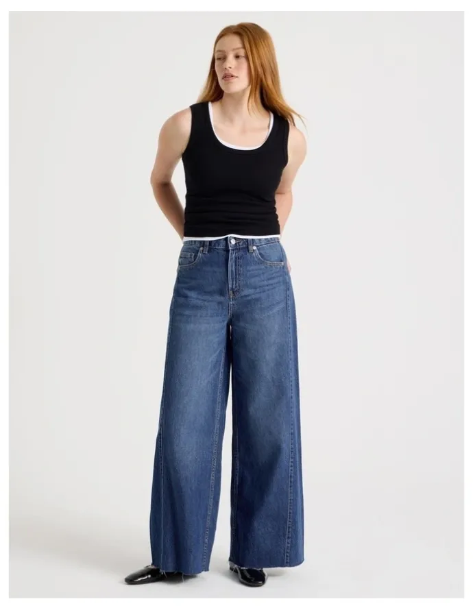 GRAB Wide Leg Jeans With Insert in Medium Indigo