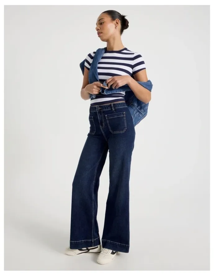GRAB Wide Leg Patch Pocket Jeans in Dark Indigo