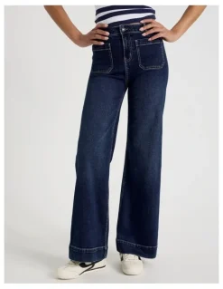 GRAB Wide Leg Patch Pocket Jeans in Dark Indigo
