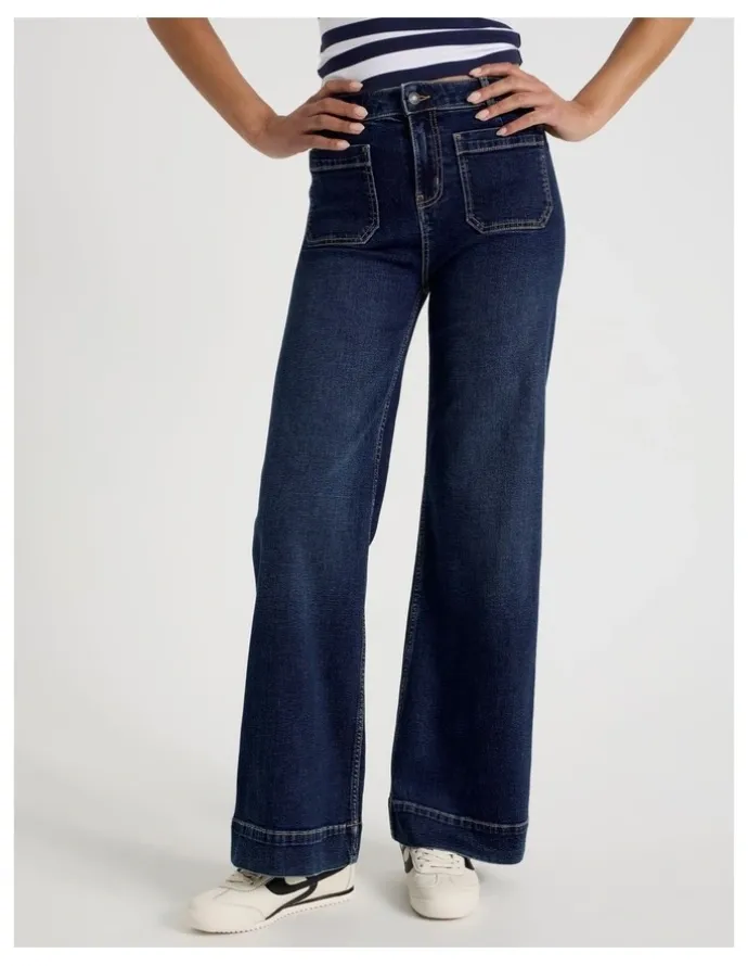 GRAB Wide Leg Patch Pocket Jeans in Dark Indigo