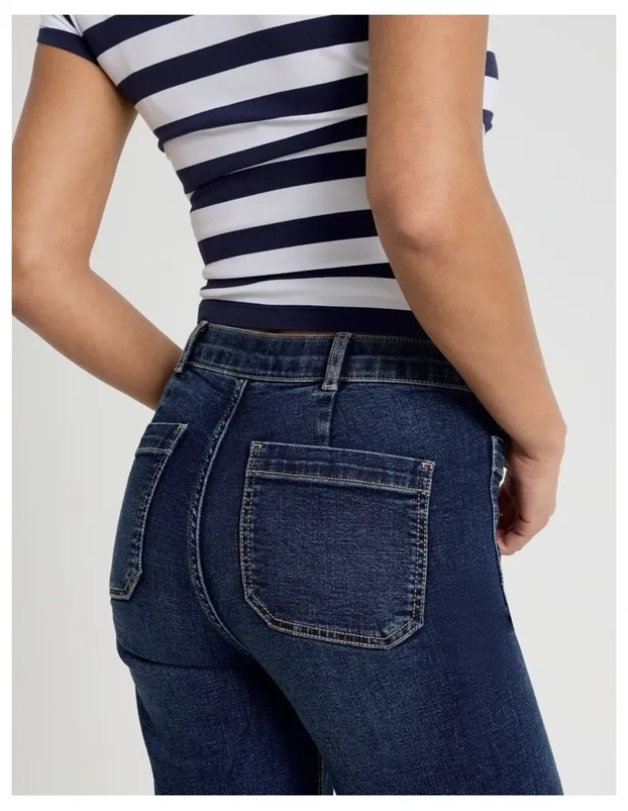 GRAB Wide Leg Patch Pocket Jeans in Dark Indigo