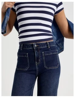 GRAB Wide Leg Patch Pocket Jeans in Dark Indigo