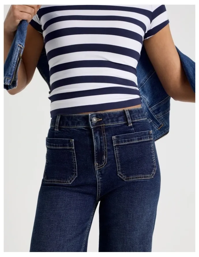 GRAB Wide Leg Patch Pocket Jeans in Dark Indigo