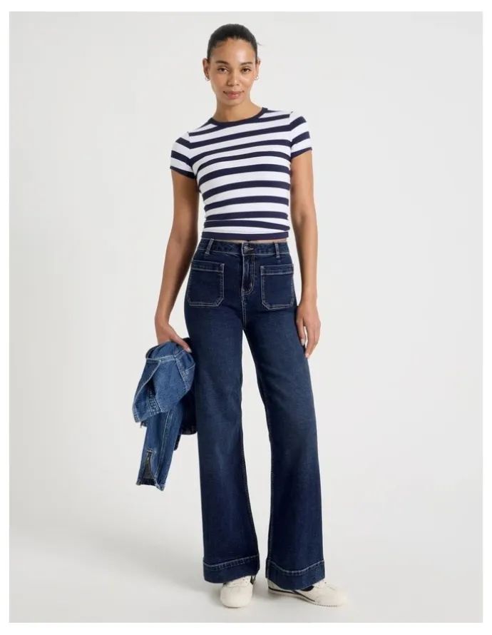 GRAB Wide Leg Patch Pocket Jeans in Dark Indigo