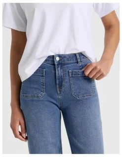 GRAB Wide Leg Patch Pocket Jeans in Medium Indigo