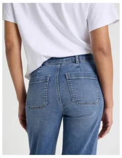 GRAB Wide Leg Patch Pocket Jeans in Medium Indigo