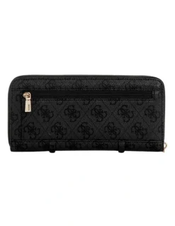 Guess Black Logo Leona Large Zip-Around Wallet in Coal Logo