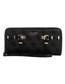 Guess Black Logo Leona Large Zip-Around Wallet in Coal Logo