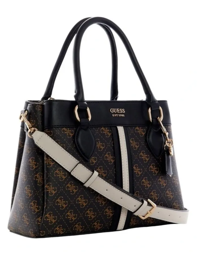 Guess Kasinta III Compartment Satchel Bag in Brown Multi