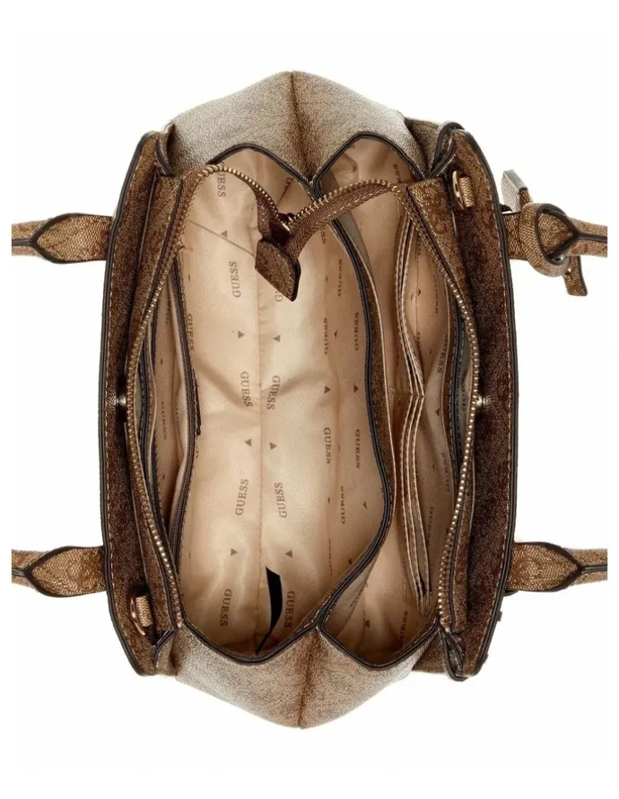 Guess Leona Logo Small Multi Compartment Satchel Bag in Latte Logo