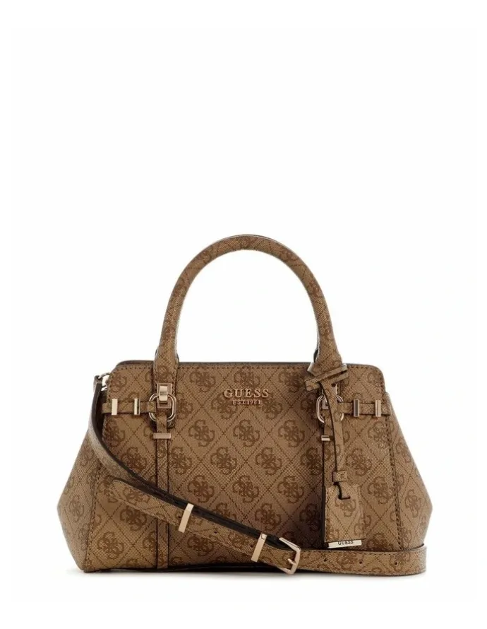 Guess Leona Logo Small Multi Compartment Satchel Bag in Latte Logo