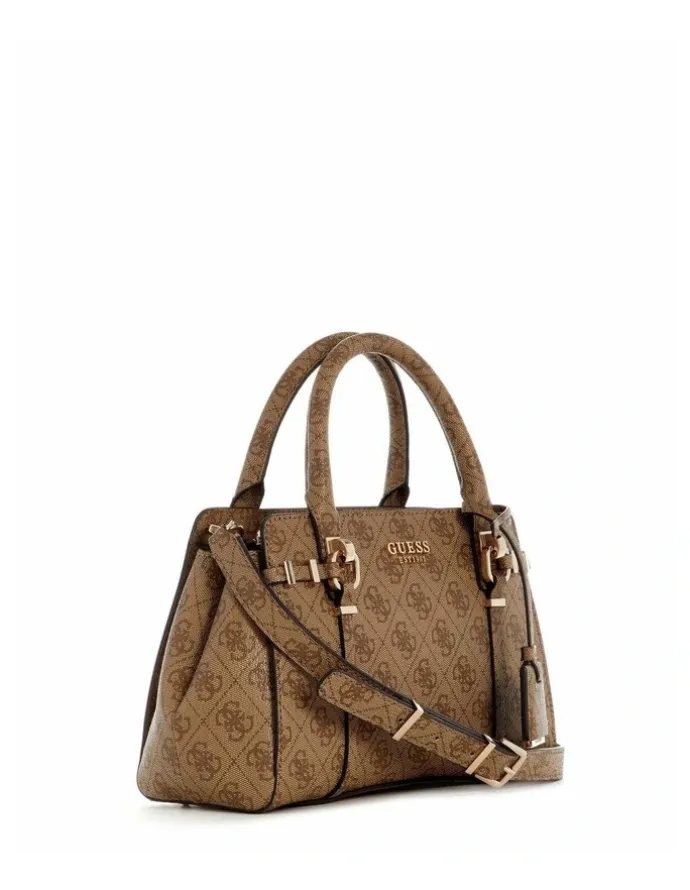 Guess Leona Logo Small Multi Compartment Satchel Bag in Latte Logo