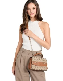 Guess Melinda Mini Crossbody Flap Bag in Latte Logo