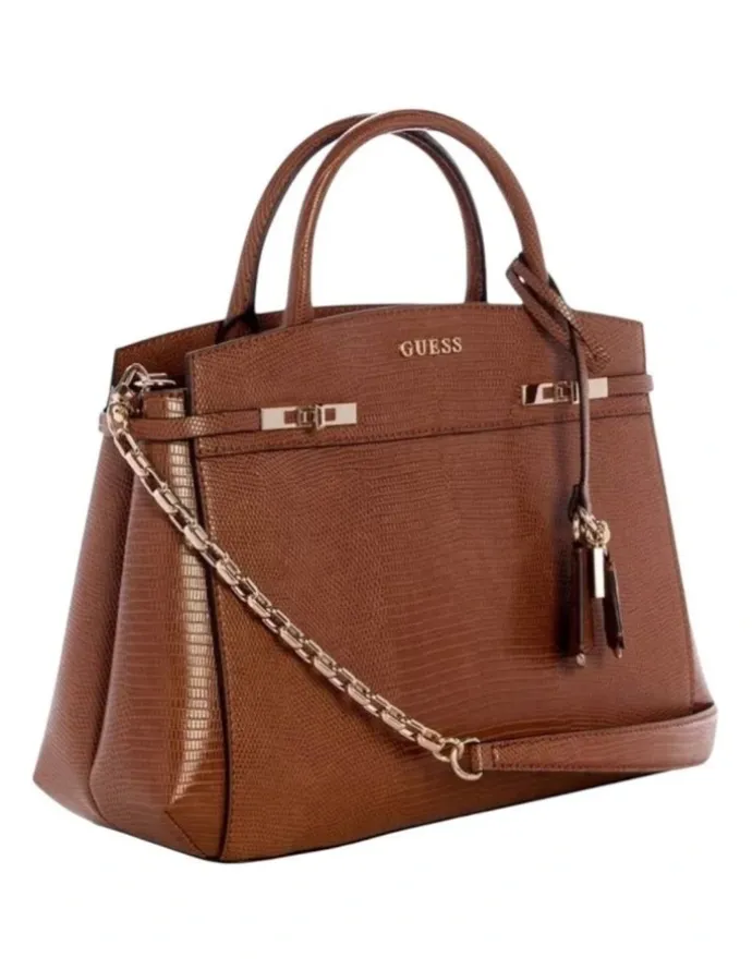 Guess Melinda Triple Compartment Satchel Bag in Brown