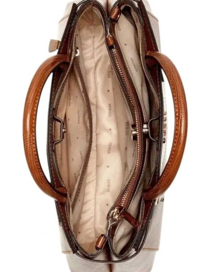 Guess Melinda Triple Compartment Satchel Bag in Brown