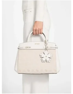 Guess Melinda Triple Compartment Satchel Bag in Off White Logo